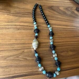 5/$45 Vintage 80s Long Chunky Tribal Black Blue and SILVER Bead Necklace BOHO B3